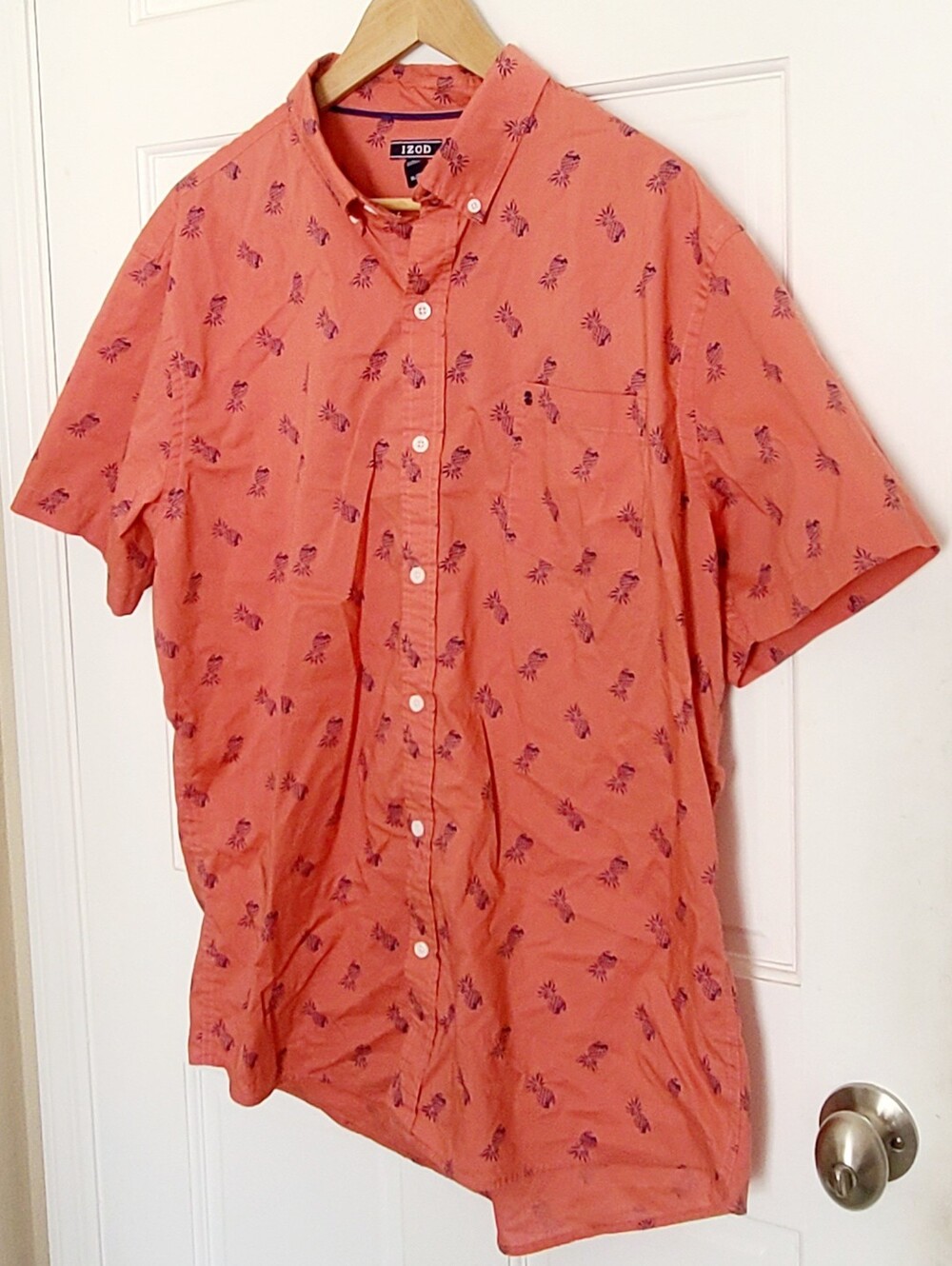 Salmon Pink & Blue Izod Pineapple Short Sleeve Button-Down Shirt Men's Size XL